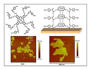 An AFM visualization of sheets discotic materials that have been deposited on a single crystal substrate.
